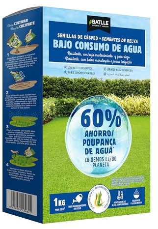 Semillas de Césped Bajo Consumo de Agua BATLLE – Caja Troquelada Dispensadora 1 kg – Tolerante a Sequía, Calor y Salinidad – Ideal para Jardines de Bajo Riego