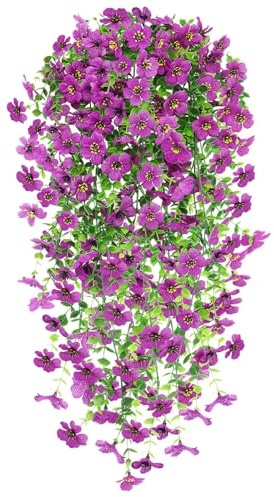 Epaing 2 PCS Artificial Hanging Flowers, UV-Resistant Fake Hanging Trailing Wall Flower Baskets Artificial Plants for Home Garden Yard Patio Wedding Outdoor Indoor Decor(Purple)