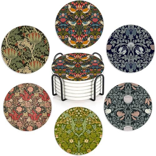 William Morris Floral Set of 6 Coasters Absorbent Ceramic Drink Mats with Cork Base & Metal Holder, Spill Protectors for Mugs/Cups, Cheerful Home/Bar Decor