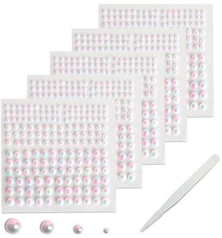SHUBEIEUMI 825 Stück Perlen sticker, Selbstklebende Halbperlen, 5 Blatt 3/4/5/6mm Selbstklebende Perlen Aufkleber mit Pick-up-Pinzette für Maniküre, Make up, DIY Handwerk-Fantasy Colors