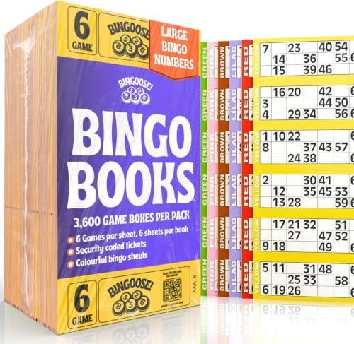 Bingo Books 6 Game Tickets per Sheet - Large Print Bingo Cards 1-90 | 3600 Bingo Sheets 1-90, Large Print Numbers, Easy to Tear Perforated, Coloured Bingo Tickets Books