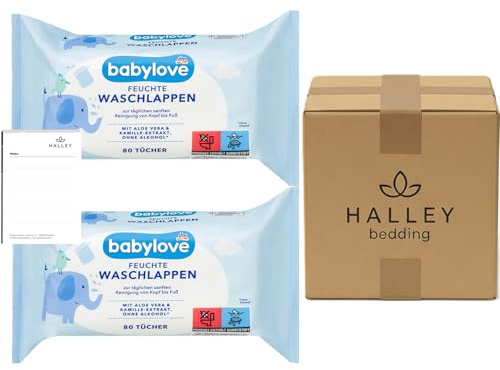 Halley Bedding Bundle: Babylove Feuchte Waschlappen 160er + Notizblock | 160 Feuchte Waschlappen. Mit Aloe Vera & Kamille. Sanfte Reinigung für empfindliche Babyhaut & Erwachsene.