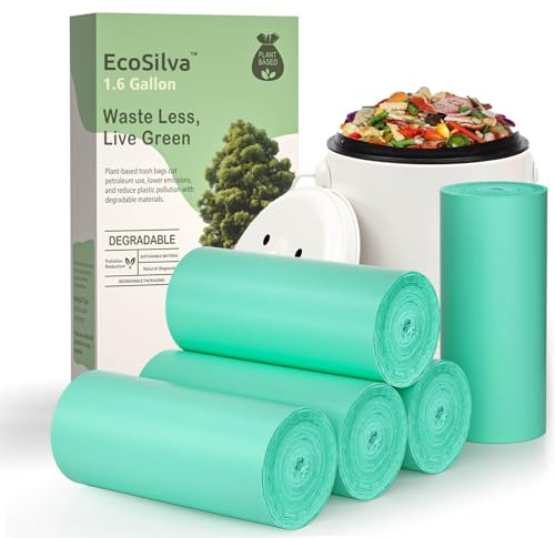 Small Compostable Trash Bags 1.6 Gallon Trash Bags, EcoSilva 125 Count 1.6-2 Gallon Small Compost Bags for Countertop Bin, Compostable Food Scrap Bags Waste Basket Liners for Bathroom Kitchen Office