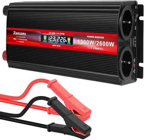 Wechselrichter 12V auf 230V Spannungswandler 1300W / 2600W Stromwandler mit LCD-Display, 2xSteckdosen, 2xUSB, Aluminium Gehäuse Mehrfach-Schutz Umwandler Inverter für Wohnmobil, Camping, Heimnutzung