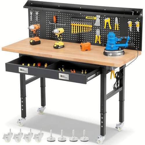 ENJOYWOOD 152cm Heavy Duty Rubber Workbench with Wheels for Garage, Height-Adjustable Work Table with Board, Drawers, Sockets for