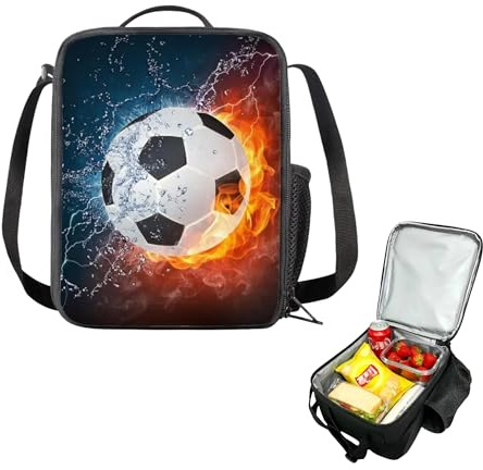 Zuchini Football Lunch Box，Crossbody 3D Football Lunch Bag with Water Bottle Holder，Reusable & Portable Insulated Tote for School,Office,Outdoor Activities（Black）