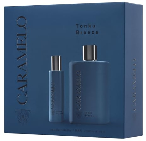 CARAMELO - Tonka Breeze Estuche Regalo 100 + 30 ml, Colonia Hombre, Pack 2, Perfume Formato Spray, Eau de Toilette Natural y Masculina, Aroma Ambarado Aromático, Fragancia Fresca, Elegante
