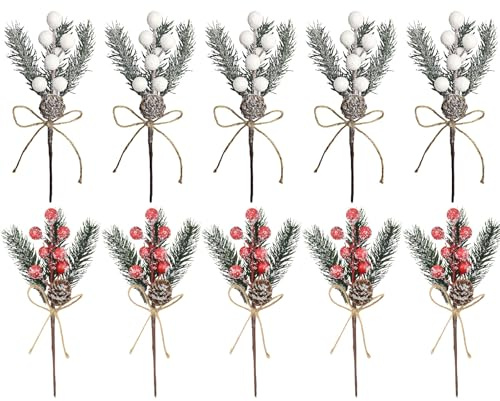 MUNSKT 10Pcs Fake Christmas Holly Sprigs,Artificial Pine Picks Christmas Pine Needles with Red Berries Pines Cones for Craft,Garden,Xmas Flower Arrangements Wreaths Decor