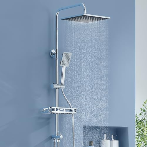Auralum Colonna Doccia con Mensola Doccia, Colonna Doccia Senza Miscelatore Fori Muro Regolabili con Soffione a Pioggia Quadrato 25cm, Asta Doccia Altezza Regolabile 72-110cm, Cromo