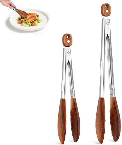 Wooden Tongs for Cooking Set of 2 (30CM & 39.5CM) Natural Walnut Kitchen & Grilling Tongs with Non-Slip Grip Heat Resistant, Non-Scratch, Pull-Lock Design for BBQ, Serving, Salad Tossing (Walnut wood)