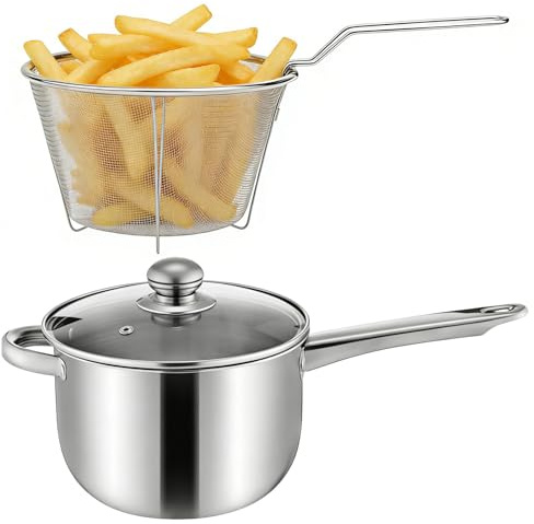 Friteuse en acier inoxydable avec panier et couvercle, Pots de Filtre à Huile en Acier Inoxydable avec poignée et passoire, Récipient à Graisse Friteuse compatible avec plaques à induction 38x13x19cm