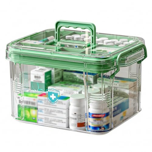 Hotainoys Boîte à médicaments, boîte de Rangement de médicaments, Premiers Secours Verts Transparents avec Compartiments à Double Couche, Organisateur verrouillable pour Le Stockage u