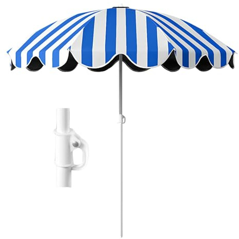 XUQQU Ombrellone da Spiaggia Portatile a Righe 155 cm, Protezione Solare UPF 50+ Anti-UV, Altezza Regolabile 115-170 cm, Parasole Impermeabile Antivento per Terrazza, Campeggio(Blue)