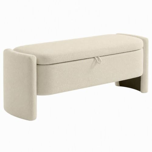 HOMCOM Banc Bout de Lit Banquette Coffre Pied de Lit 118x42x45cm Crème | Rembourré en Tissu Bouclé, Pieds en Bois d'Eucalyptus, Charge 220 Kg, Banc de Rangement pour Chambre à Coucher ou Entrée
