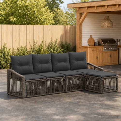 Ziaphsol Trädgårdssoffa set 5 delar grå av polyrotting för terrass balkong trädgård loungegrupp med väderbeständig konstruktion, modulär design, inklusive kuddar