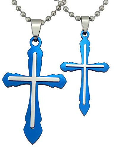 Hanessa Schmuck für Herren und Damen silberne Partner-ketten mit Kreuz-Anhänger in Silber/Blau Titan-stahl Geschenk zu Weihnachten für Ehe-Mann/Ehe-Frau/Freund/Freundin