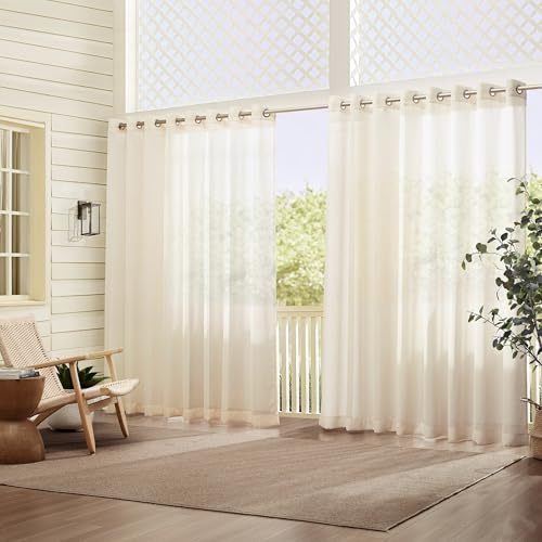 Elrene Home Fashions Carmen Sheer Extra-Wide Weatherproof Indoor/Outdoor Grommet Top Curtain Panel with Coordinating Tieback for Porch, Pergola, Patio, Deck, 114”W x 95”L, Ivory