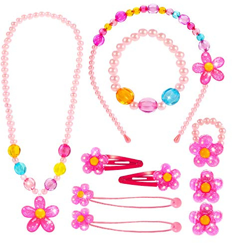 Hifot Kids Jewelry Little Girls Necklace Bracelet Ring Clip-on Earrings Hair Clips Set, Costume Jewelry Party Favors Gift for Dress up Pretend Play - Flower