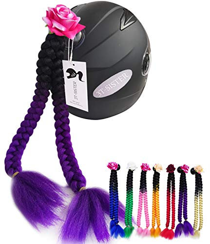 3T-SISTER Braids Helm Pigtails Rose Flower Helm Pferdeschwänze für Motorrad Fahrrad Ski Helm Haar Saugnapf Design 24 Zoll Ombre Schwarz bis Lila + 2PCS Free PU Adhesive
