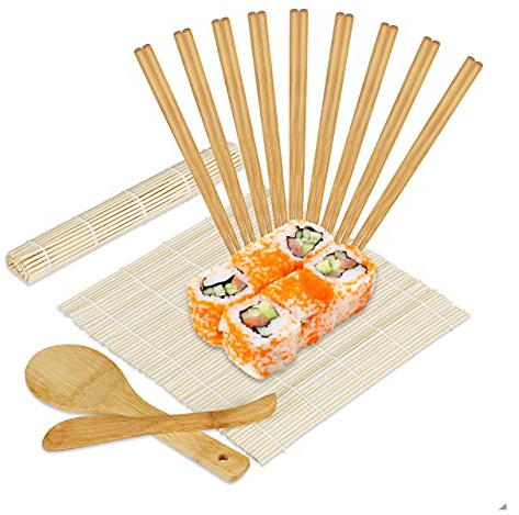 Relaxdays Sushi Set Bambus, 2 Sushi Matten, Reislöffel, Reisportionierer, 10 Paar Essstäbchen, Sushi Zubehör, natur 10028007