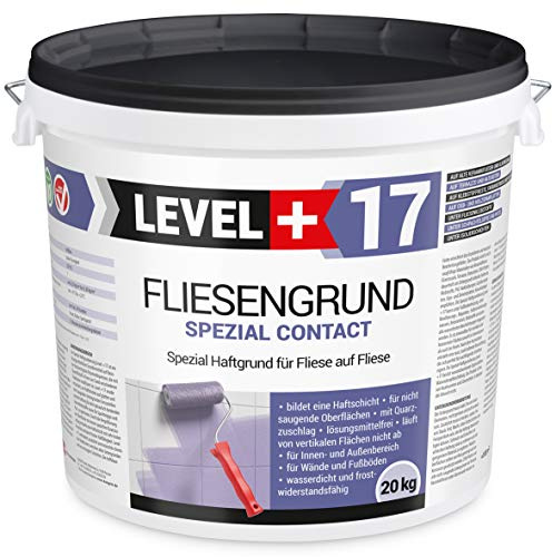 Level + 17 Fliesengrund Spezial Contact für Fliese auf Fliese - Spezial-Haftgrund mit Quarzsand für Fliesen, Glasmosaik, Naturstein & PVC - Grundierung für Innen & Außen - Lösemittelfrei - 20 kg | Spezial-Haftgrund mit Quarzsand für Fliesen, Glasmosaik, Naturstein & PVC - Grundierung für Innen & Außen
