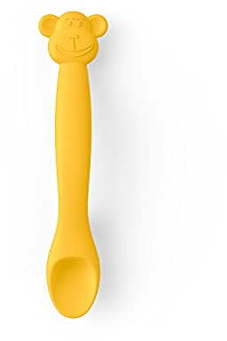 Suavinex Cucchiaio In Silicone Per Bambini +4 Mesi, Flessibile Con Manico Lungo E Con Simpatici Animaletti, Morbido, Per Gengive Sensibili, Lavabile In Lavastoviglie, Scimmietta, Giallo
