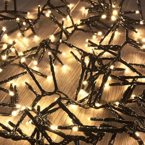 1200er Cluster-Lichterkette Weihnachtsbeleuchtung LEDs Innen und Außen Trafo warmweiß Kabel Dunkelgrün