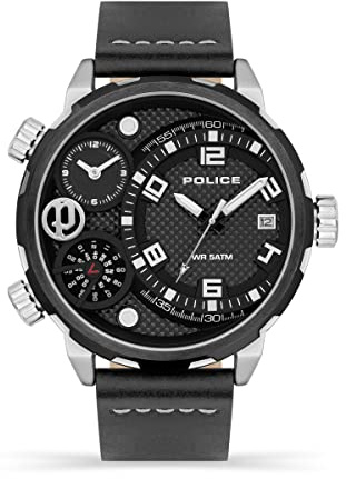 Police Ray PEWJB2195341 - Orologio multifunzione da uomo con quadrante nero e cinturino in pelle nera, cassa in acciaio inox da 51 mm, in confezione regalo, Pistola., misura unica, Cinturino