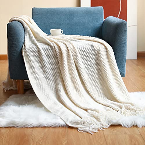 Kuscheldecke Mit Quaste, Weich Leicht Strick Weich Gestrickte Decke Wohndecke Sofadecke Couchdecke Schlafdecke Tagesdecke Für Sofa, Bett, Couch (Weiß,127 * 172cm)