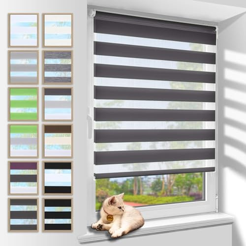 Zarnan Doppelrollo Klemmfix ohne Bohren Anthrazit 95x120cm(Stoffbreite 91cm) Duo Rollo Blickdicht Zebrarollo Rollos für Fenster ohne Bohren für Wohnzimmer Küche Büro lichtdurchlässig und verdunkelnd