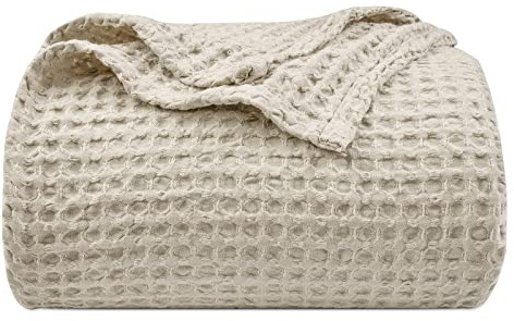 PHF Ultra Soft Waffle Weave Blanket Queen Size 90x 90- Washed Lightweight Breathable Cozy Woven Blanket for Bed - Aesthetic Decor for Couch Bedding Sofa Home Car - Light Khaki/Linen