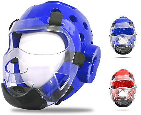 HYJJ Kids & Adults Taekwondo Helmet, with Removable Face Shield, Soft Headgear for Martial Art Grappling Muay Thai Kickboxing (Blue, M)