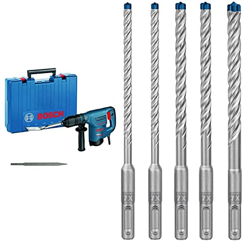 Bosch Professional Schlaghammer GSH 3 E (inkl. Fliesenmeißel, Spitzmeißel, Zusatzhandgriff, im Koffer) + 5x Expert SDS plus-7X Hammerbohrer Set (Stahlbeton, Ø 6-10 mm, Zubehör)