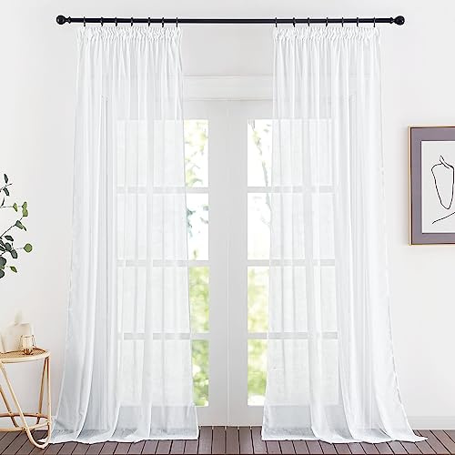 PONY DANCE Leinenoptik Gardinen mit Kräuselband Weiß 2er Set H 245 x B 140 cm Wohnzimmer Vorhänge Weiss Halbtransparent Landhaus Schiene Gardine Leinen Halbtransparent