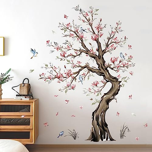 wondever Wandtattoo Vögel auf Baum Groß Wandaufkleber Rote Blumen Blüten Magnolie Wandsticker Wanddeko für Schlafzimmer Wohnzimmer Sofa TV Hintergrund (H:159cm)
