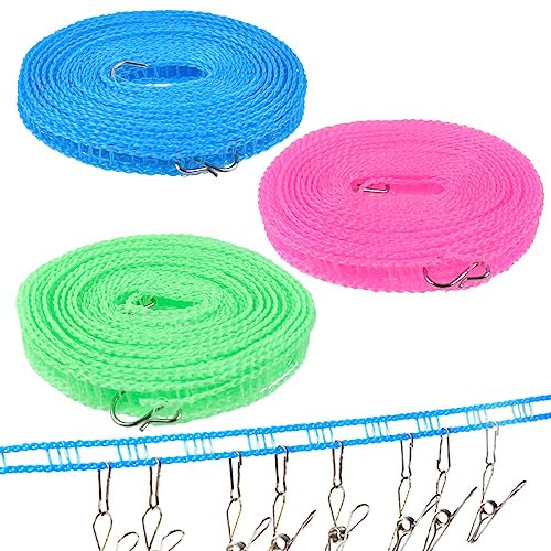 TIMESETL Corde à Linge Coupe Vent 3Pcs 8M Nylon Anti-dérapant et Anti-Vent Cordes à Linge Camping, Portable, Vert/Bleu/Rose