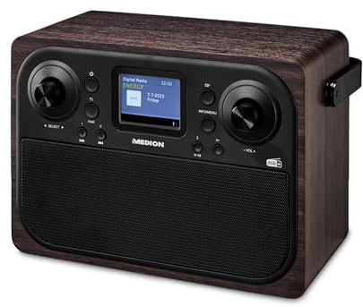 MEDION Radio DAB+ LIFE (P66700), Radiosveglia con orologio integrato 12/24 h, Radio portatile dal design in legno con antenna, Radio sveglia da comodino con uscita AUX per cuffie, marrone