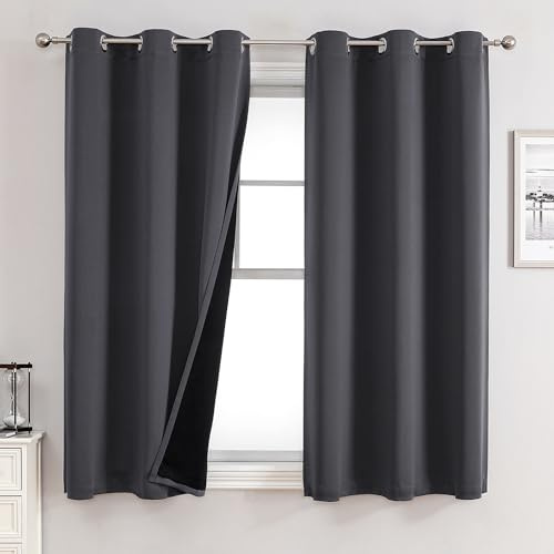 ChrisDowa 100% Blackout Curtains for Bedroom with Black Liner, 2 Thick Layers Total Blackout Thermal Insulated Grommet Window Curtains 63 Inch Length 2 Panels Set (Dark Grey, 42 x 63 Inch)