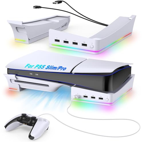 RGB Horizontaler Ständer für PS5 Pro/Slim Konsole mit 14 Lichteffekte, Halterung Standfuß Zubehör für Playstation 5 Pro/Slim Disc & Digital mit 4 Extra USB Hubs (1 Schnell Ladeport & 3 USB 2.0 Port)