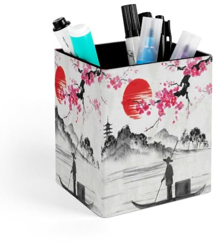 DEHOZO Pot à crayons carré pour bureau, bureau en cuir synthétique, pot de rangement pour crayons, fleurs de cerisier japonais, porte-crayons, pinceaux de maquillage pour bureau, école, maison