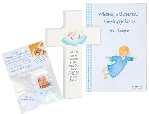 Schutzengel Geschenk-Set zur Geburt für Jungs und Mädels mit Kinderkreuz (15 x 9 cm) und niedlichen Baby-Schutzengel (blau)