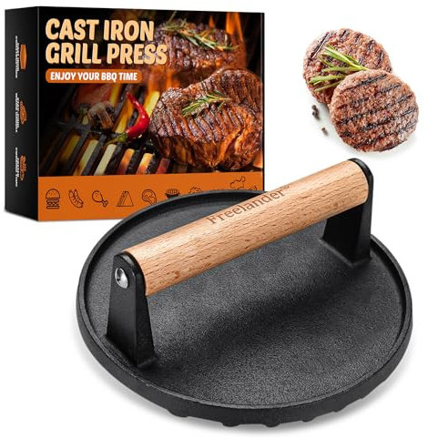 Freelander Pressa per Hamburger in Ghisa, Pressa per Barbecue Heavy Smash Burger Press Rotonda da 1 kg con Manico Resistente al Calore, Smash Burger per Barbecue per Bistecche, Hamburger, Bacon, Sals