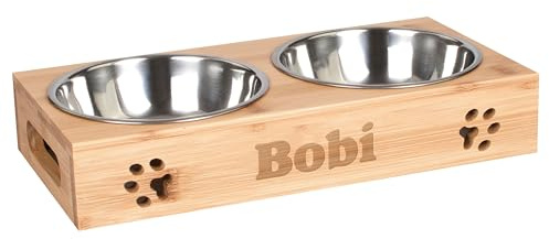 LAUBLUST Stazione di alimentazione con nome personalizzato per cani - Naturale | 31x15x6cm, rialzata - Ciotola per cibo e acqua per gatti | 2 ciotole in acciaio inox x 0,35L | Ciotola per gatti incisa