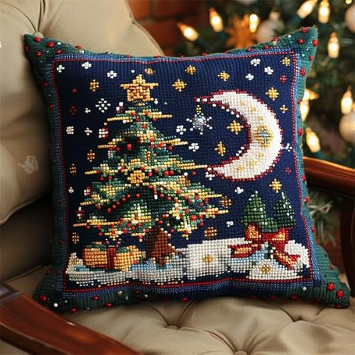 Lfynior DIY Kreuzstichkissen Weihnachten Stickkissen zum Selbersticken 45X45cm Stickpackung Stickset Kreuzstich Kissen zum Basteln Stickkissen Stickpackung mit Vorgedruckt Kreuzstichmotiv