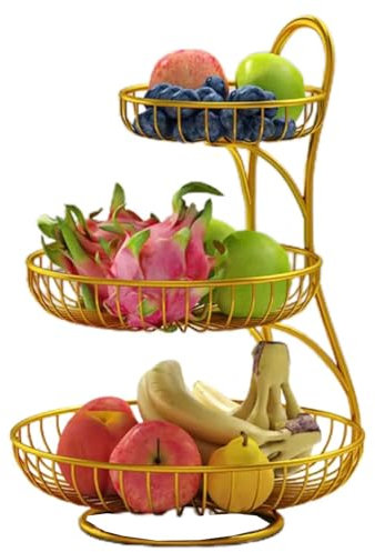 Cesto per frutta e verdura a 2/3 ripiani, stile vintage, con design rimovibile, elegante per conservare frutta e verdura fresca (triplo strato dorato)