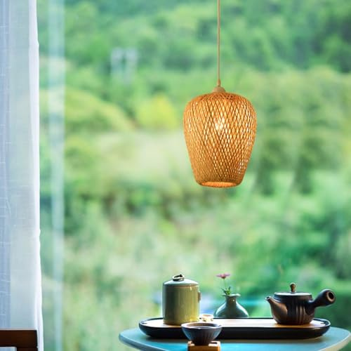 Vintage Bambus Pendelleuchte E27 Natürliche Rattan Handgewebte Pendellampe Höhenverstellbare Hängelampe Schlafzimmer Lampenschirm Boho Esszimmer Wohnzimmer Korridor Dekorative Beleuchtung Licht(24*25c
