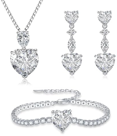 Glintara Silber Schmucksets für Damen, 925 Sterling Silber Herz Halskette Ohrringe Armband Set, 3PCS Anhänger mit 45cm Kette & Hängeohrringe & Armkette, Herz Schmuck Set mit Zirkonia mit Geschenkbox
