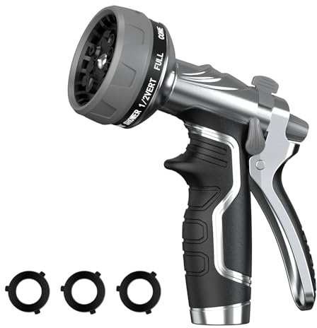 Garden Hose Nozzle, Heavy Duty Metal Water Hose Nozzle with 8 Adjustable Spray Patterns, High Pressure Hand Sprayer with Flow Control for for Garden Watering, Car & Pet Washing