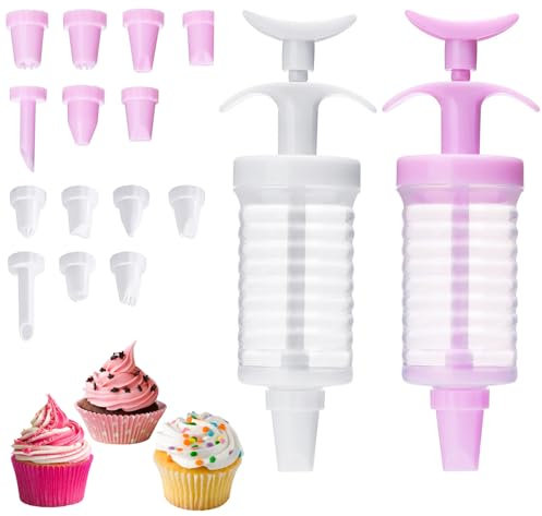 2 Sets of Icing Syringe Set, Piping Set, Cake Decorating Piping Kit, Piping Gun Piping Nozzles Set, Cake Decorating Kit with 16 Pieces Icing Nozzles, Cake Dessert Decorator Piping, Pink+White