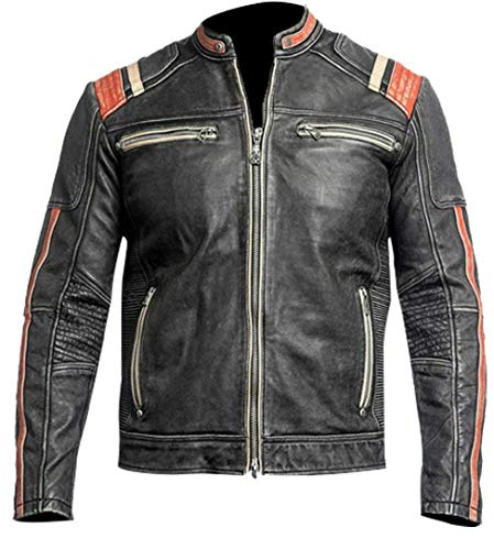 TRESSANO Retro Café Racer Vintage Motorcykel Biker Slitet Svart Läderjacka för Män, Svart (Distressed Black), XS